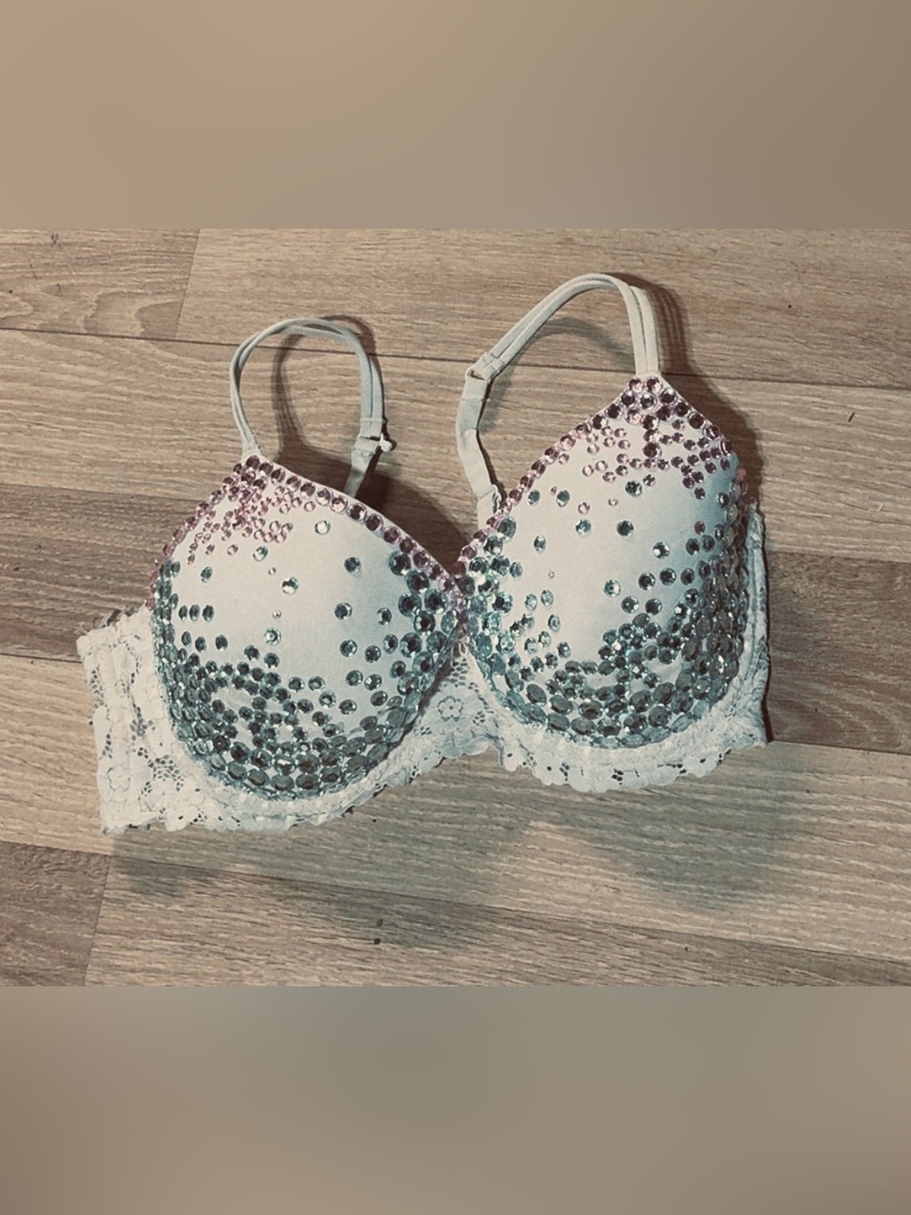Lace Push-Up Bra with Pink and Silver Rhinestone Accents